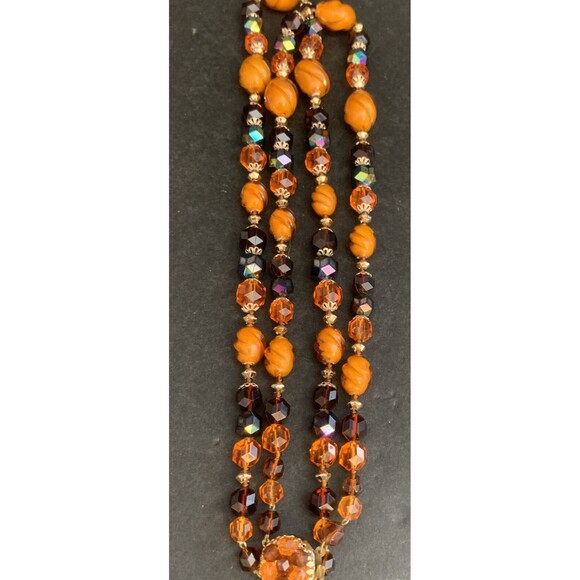 West Germany Orange Amber Fall Tone Double Strand Glass Crystal Bead Necklace - Picture 2 of 6